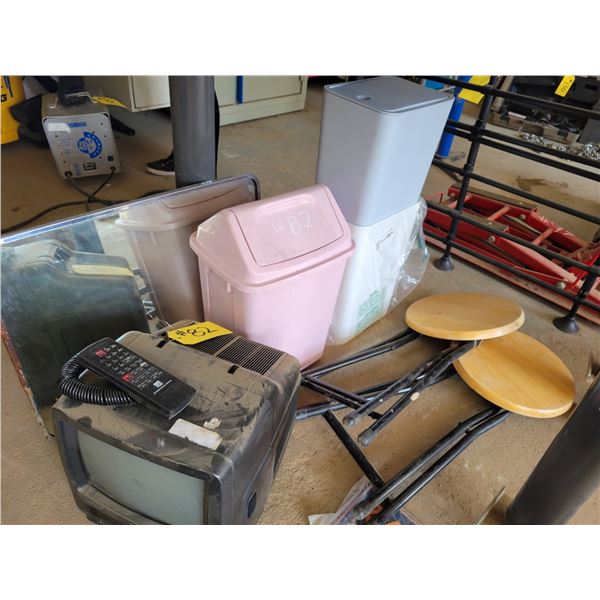 2 folding stools, portable tv , 3 plastic containers and mirror.