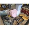Image 1 : 2 folding stools, portable tv , 3 plastic containers and mirror.