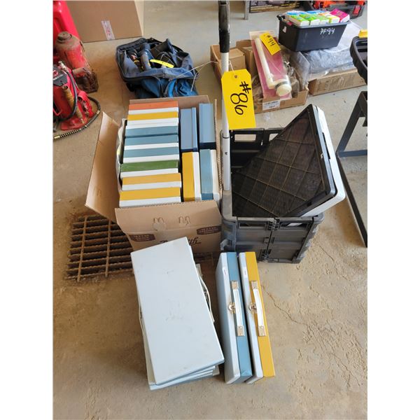 Qty of tin containers & 2- collapsible totes (one on wheels)