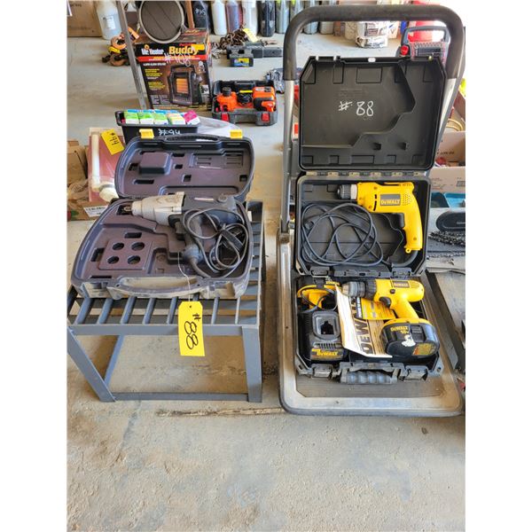 Elect. Impact 1/2", DeWalt elec. drill, and DeWalt cordless drill complete with charger.