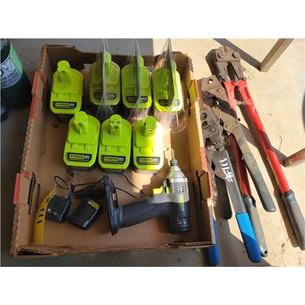 Battery operated drill complete with 7 batteries.  bolt cutters, wire cutters.