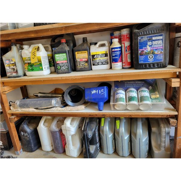 Various oils, funnels, grease guns, leak stop, air charging cans, grease.
