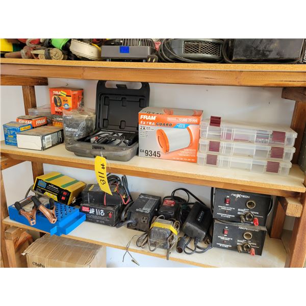 Battery tester, 12.5v dc power supply, filters, chargers etc.