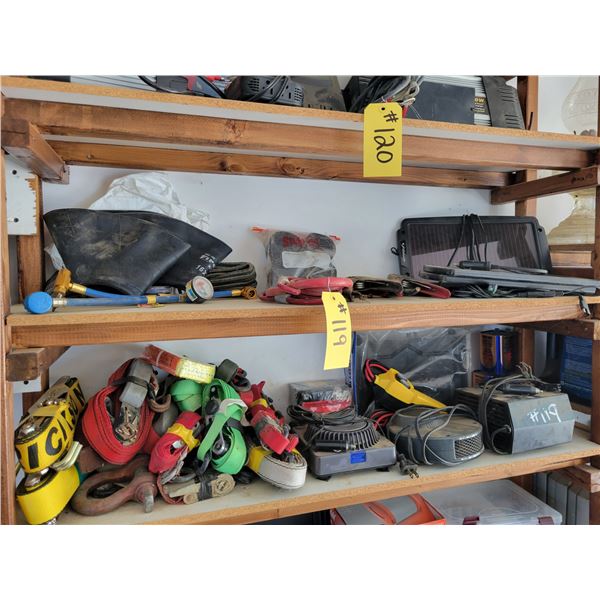 Various tie down straps, tubes, winch control,  cable clamps, solar panel