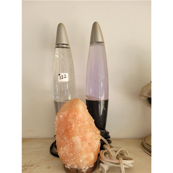2 lava lamps, and Himalayan salt lamp