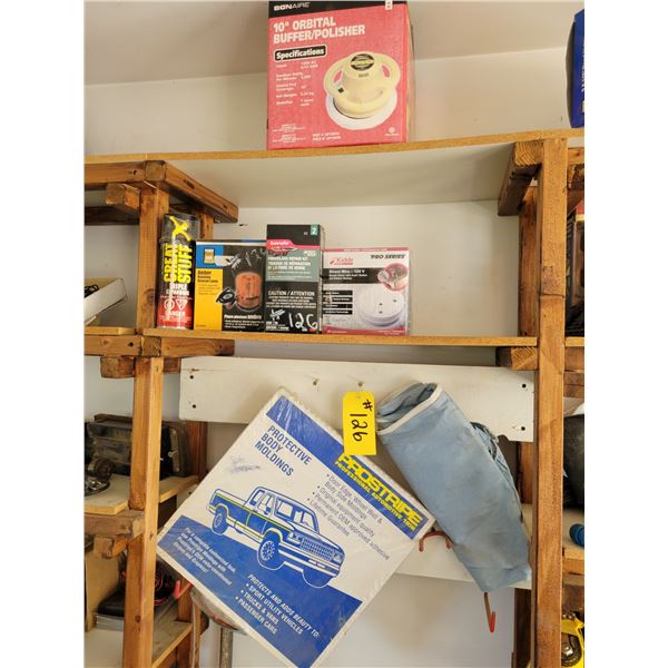 Body mouldings, fibreglass repair kit, rotating beacon , orbital car polisher, and smoke alarm