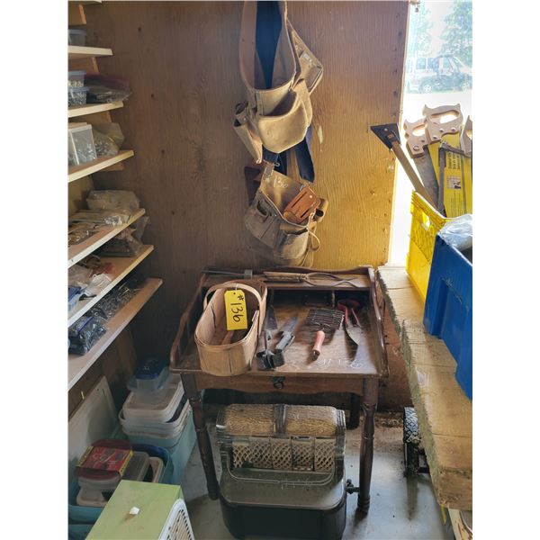 Carpenter apron, old heater, small wood old stand, sheep shears, curry comb.