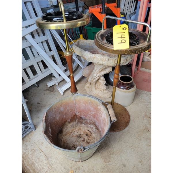 2 ash trays, pail, fountain,  clay jugs