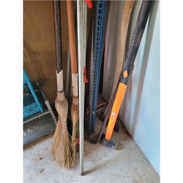 Sledge hammer, brooms, wood clamps,  axe, crow bar, jackall