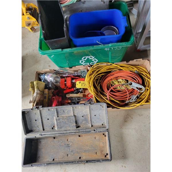 Various electrical cords, clamps, shims and 2 crates.