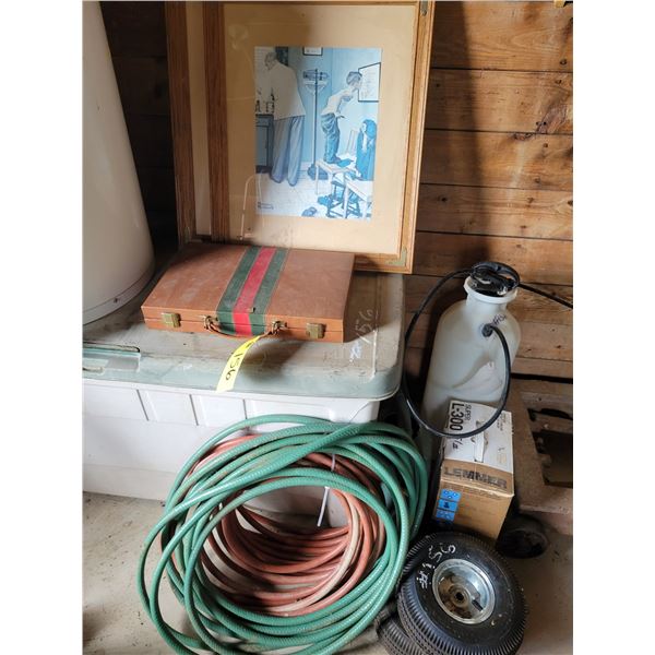 2 lengths of hose, old picture, backgammon board, sprayer , 2 cartwheels