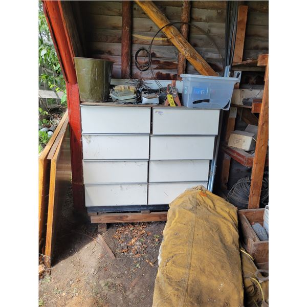 6-drawer dresser c/w 2 ton jack stand, portable gas stove, 2- tarps, bolts, screws, door hinges & mi
