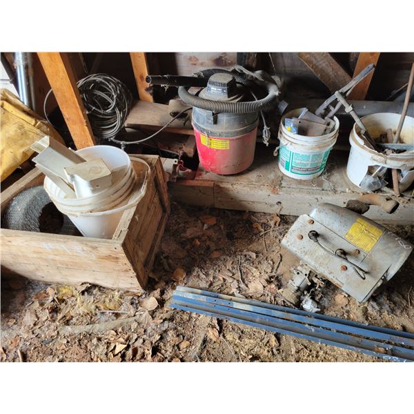 Shop vac., qty of pipes, valves, metal frame & large qty of misc.