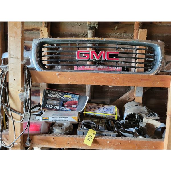 Qty of various car parts, GMC front grill, running daytime lights, license plate frames