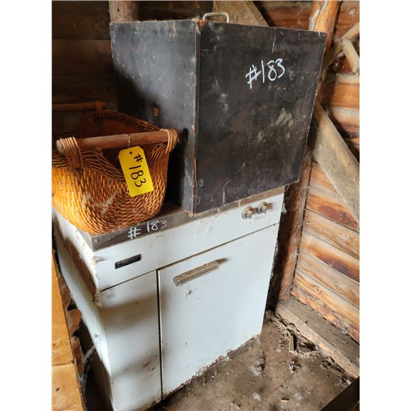 Old stove, storage container & wicker basket
