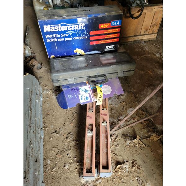 Tile saw, laser level, alternator, iron stands