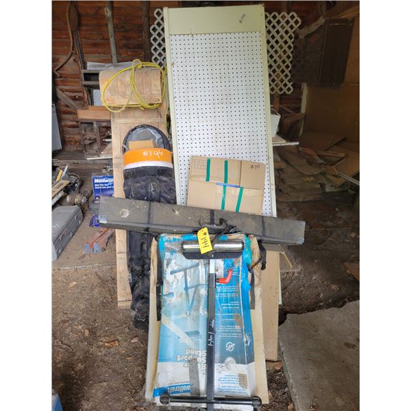 Shelf, toboggan, 2- roller stands, peg board, golf case and misc.