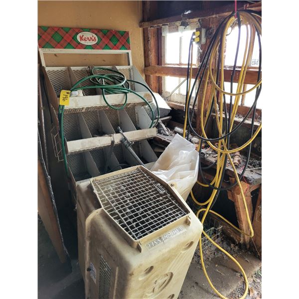 Large dog kennel, stand, assrt. Power cords, spray hose and misc.