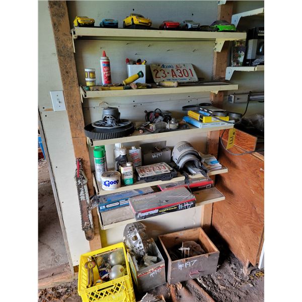 Toy cars, wood working tools, grease guns (new) belts, mini football helmets & misc. antiques