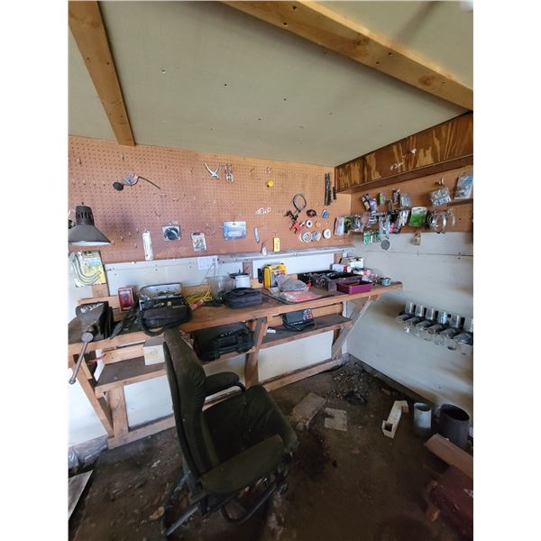Booster pack, chair, vice, fishing lures, tire pump, asst. Misc. on hooks & shelves, qty of various