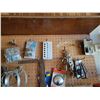 Image 7 : Booster pack, chair, vice, fishing lures, tire pump, asst. Misc. on hooks & shelves, qty of various