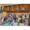 Image 8 : Booster pack, chair, vice, fishing lures, tire pump, asst. Misc. on hooks & shelves, qty of various
