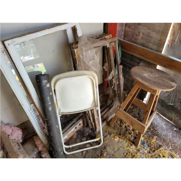 Chair, stool and old window frames