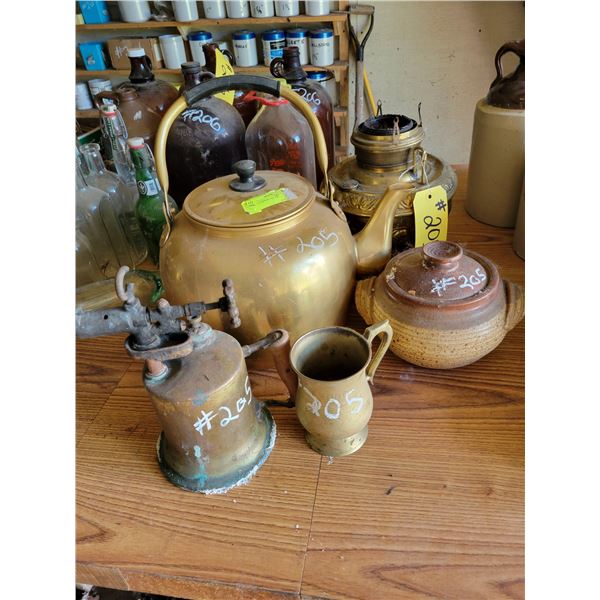 Brass teapot, oil lamp, brass mug & antique blow torch