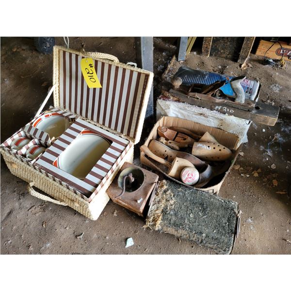 Foot warmer, New picnic basket, shoe making kit, planer