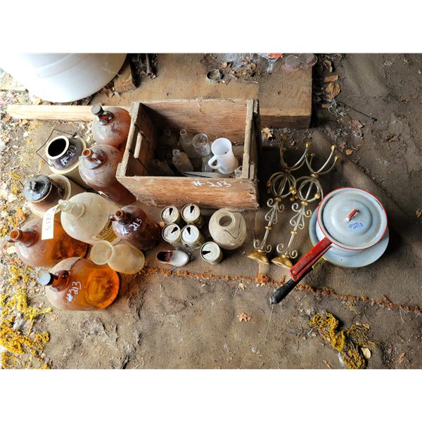 Qty of jugs, coke box, candle holder, double boiler & frying pan
