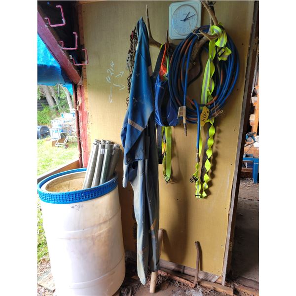 Chairs, hose, work clothes, water tank & tubes