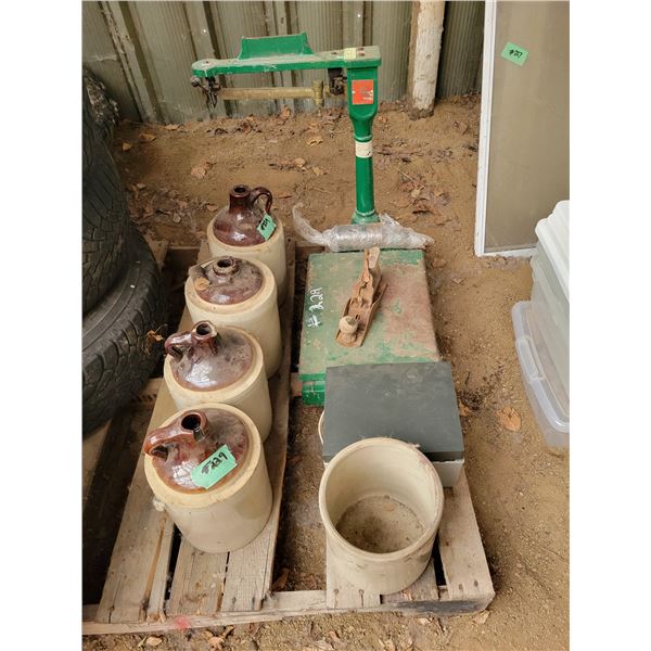 Jugs, scale, planer & record player