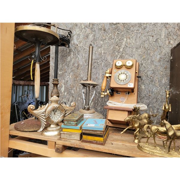 3- Ash trays, antique tins, old phone (V.G. condition) & brass horses