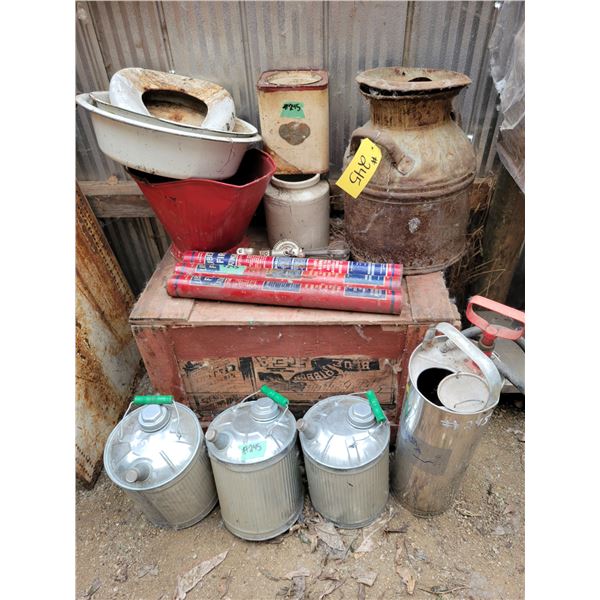 Cream can, fire ext., fuel cans, sprayer