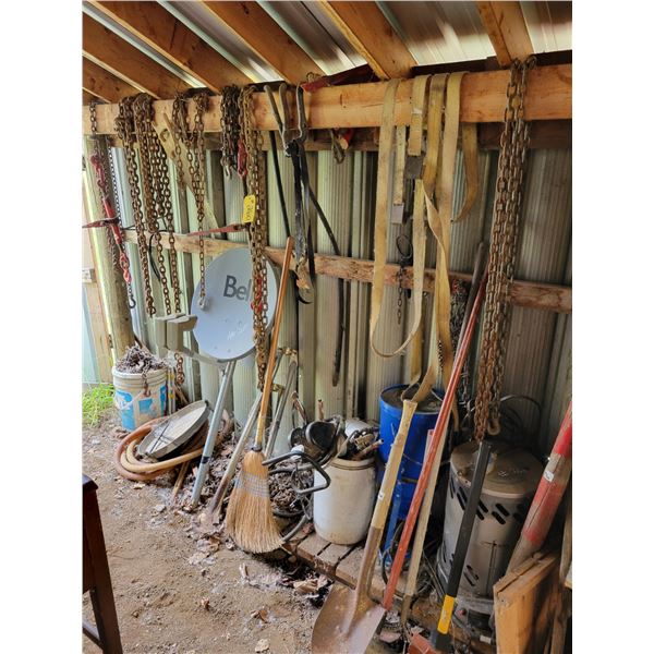 Chains, tools, heaters, straps, boomer, against the wall