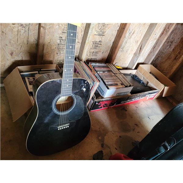 Guitar, vinyl records, DVDs, Sanyo