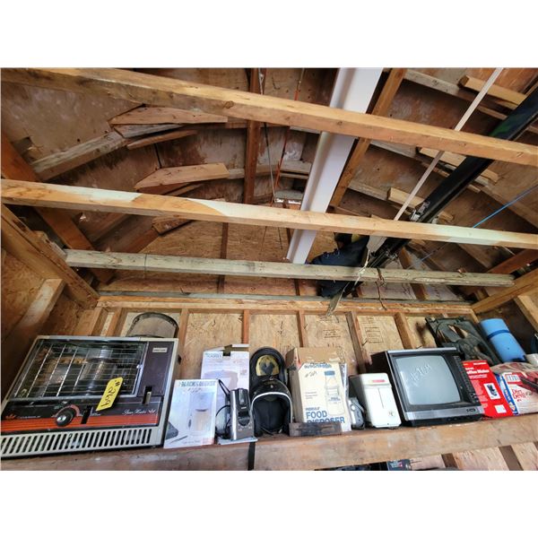 Heater, helmets, kitchen appliances, vacuum and other various items on top shelf and roof racks