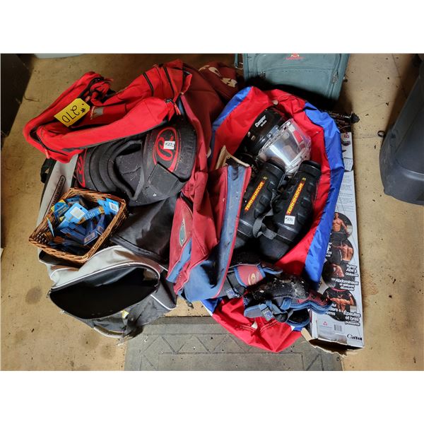 Qty of luggage & hockey bags, terminator & misc. sports equip