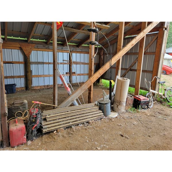 Compressor, Power G 120CC generators, pail c/w pump, lights, saw, flags, voyageur bike