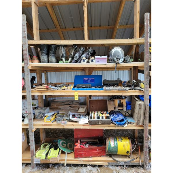 Skates, 8-tracks, coop pail, tools, helmets & misc. on shelf