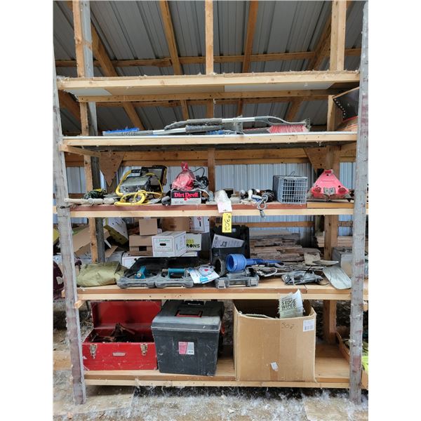 Suction cups, tool boxes, funnels, lights, cage & misc. on shelf