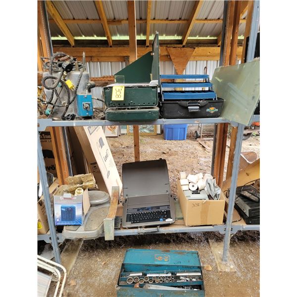 Typewriters, tools, camp stove & all items on shelf