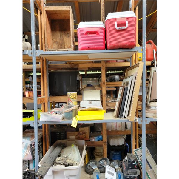 2- Coolers, wooden box, pictures in frames, 3- castors & misc. items on shelf
