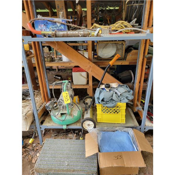 Air comp., rolling magnet, tarp & misc.