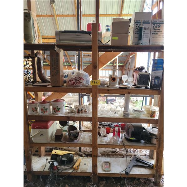 Shelf c/w hitch, heaters, coolers, grinders, dishes, winch, cannisters & misc.