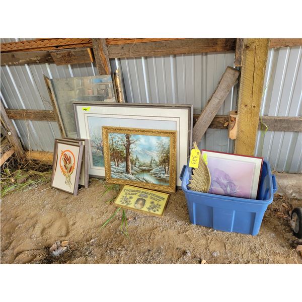 Tote & various pictures & brass eagle