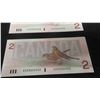 Image 8 : (3) 1986 Unc. $2.00 Bills Canada Consecutive s/n  Very Nice