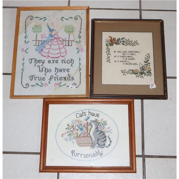 SET OF 3 EMBROIDERED CROSS STITCH ART PIECES