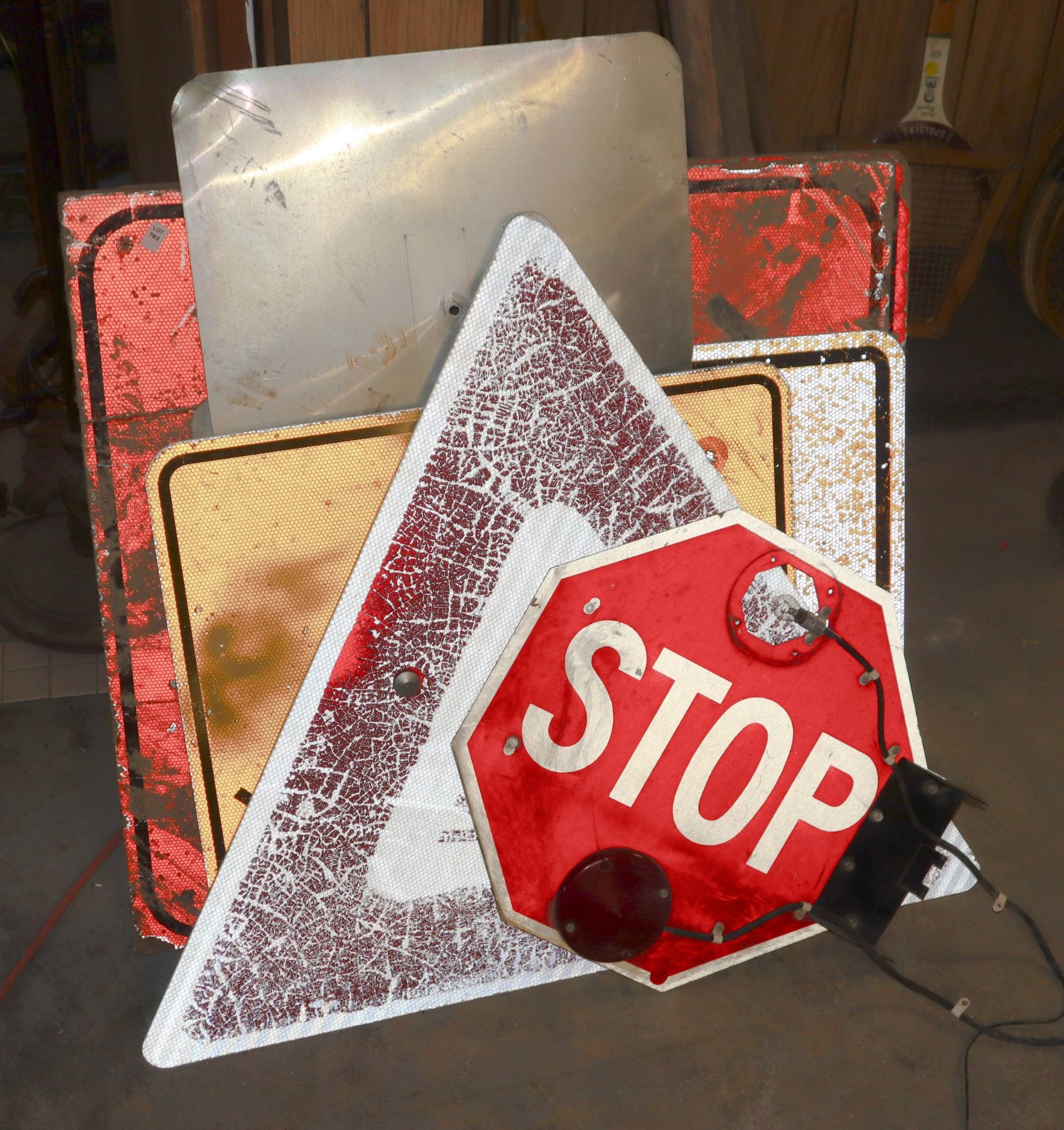 Stop Sign Piling PILE OF OLD ROAD SIGNS, BUS STOP SIGN