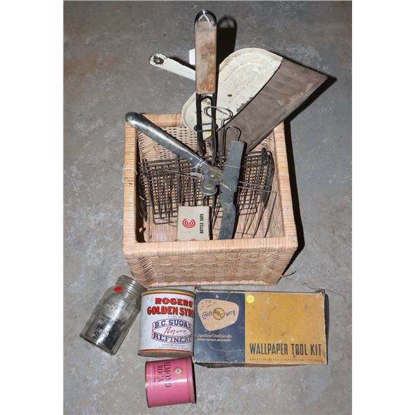 WICKER BASKET FULL OF ASSORTED COLLECTIBLES